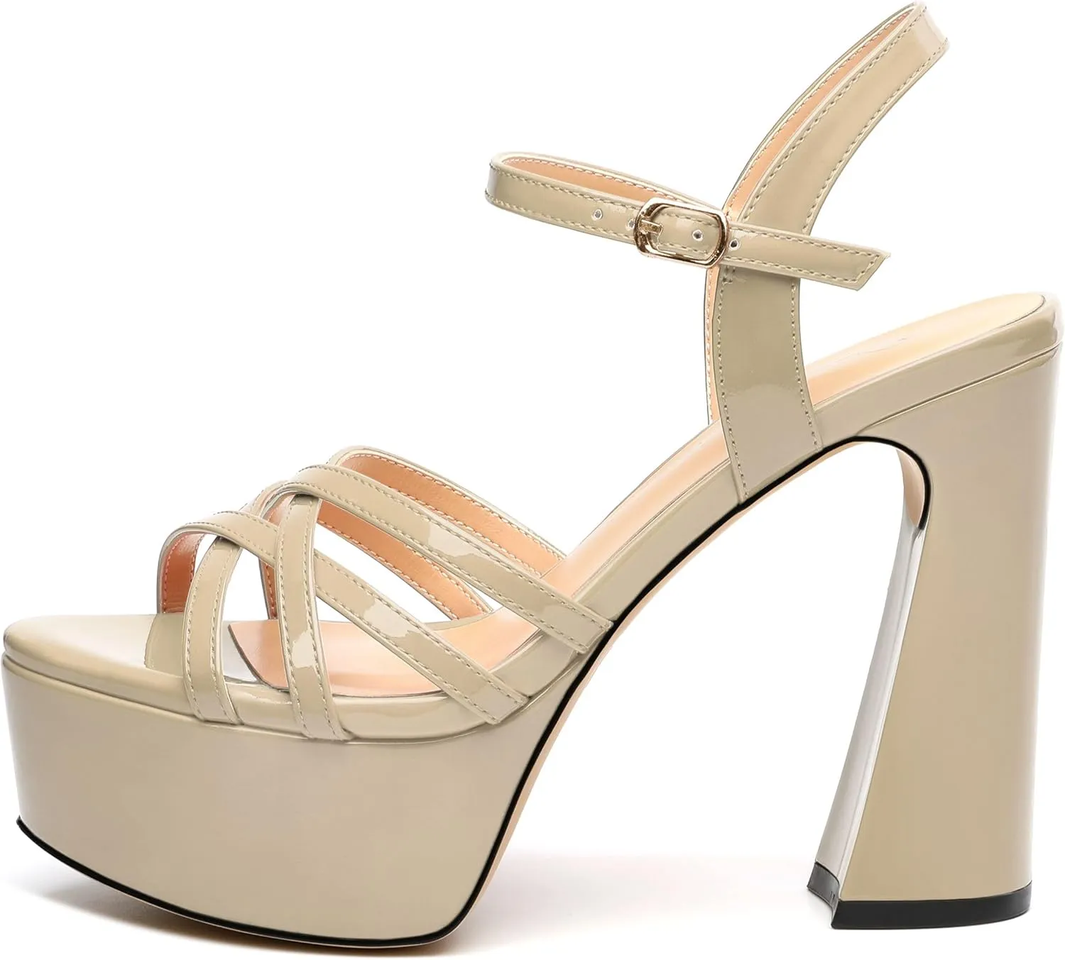 Womens Ankle Buckle Strap Round Open Toe Summer Slingback Block High Heel Platforms Sandals Heeled Wedding Party Prom Evening Dress Sandal Shoes 4.7"