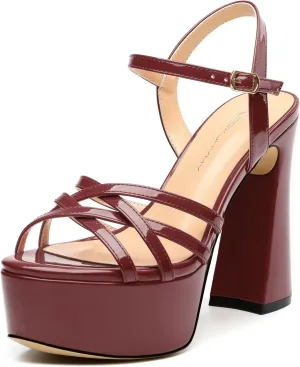 Womens Ankle Buckle Strap Round Open Toe Summer Slingback Block High Heel Platforms Sandals Heeled Wedding Party Prom Evening Dress Sandal Shoes 4.7"