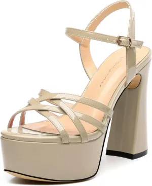 Womens Ankle Buckle Strap Round Open Toe Summer Slingback Block High Heel Platforms Sandals Heeled Wedding Party Prom Evening Dress Sandal Shoes 4.7"