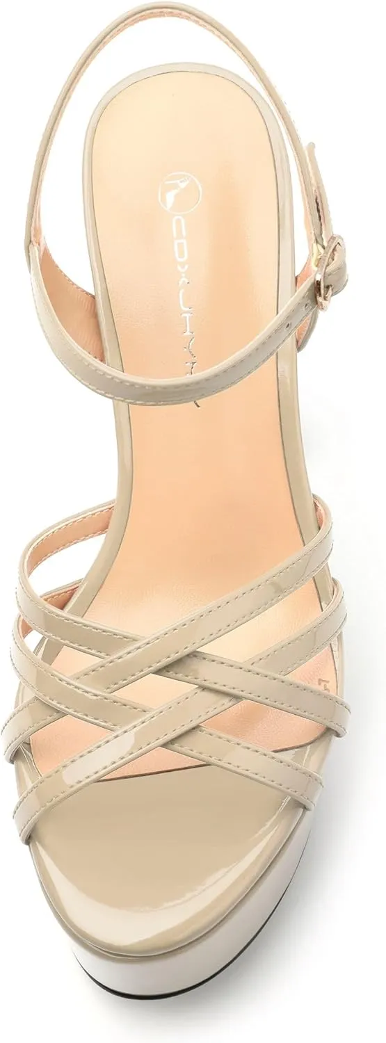 Womens Ankle Buckle Strap Round Open Toe Summer Slingback Block High Heel Platforms Sandals Heeled Wedding Party Prom Evening Dress Sandal Shoes 4.7"
