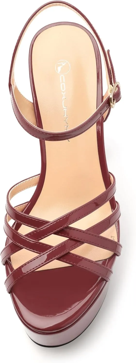 Womens Ankle Buckle Strap Round Open Toe Summer Slingback Block High Heel Platforms Sandals Heeled Wedding Party Prom Evening Dress Sandal Shoes 4.7"