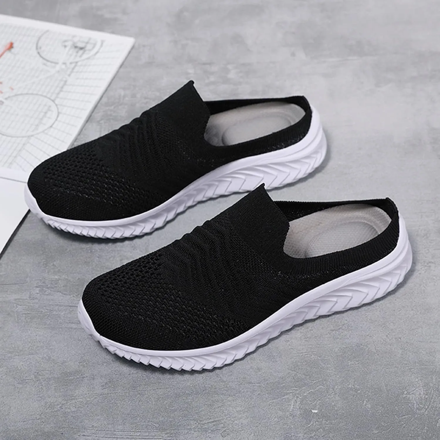 Women's Backless Slip on Mesh Sneakers Shoes Walking Shoes Women Slip On Black Casual Shoes White Platform Sneakers Steel Toe Tennis Shoe Loafers Casual Slip On
