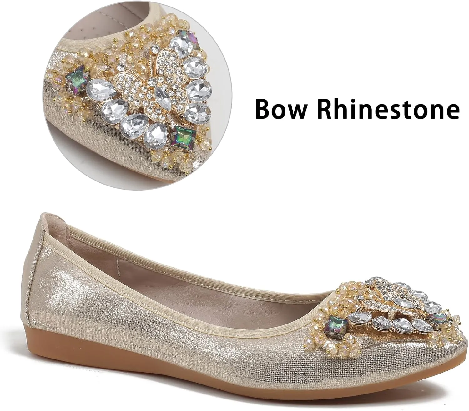Women's Ballet Flat Shoes - Cute Rhinestones Bow Wedding Flats Slip on Flats for Women Comfort