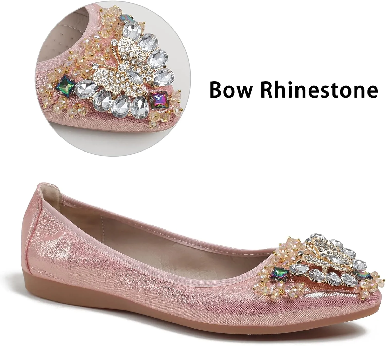 Women's Ballet Flat Shoes - Cute Rhinestones Bow Wedding Flats Slip on Flats for Women Comfort