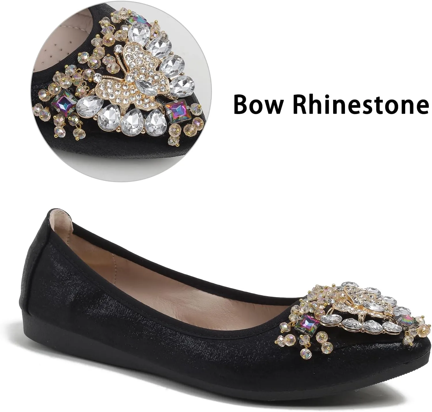 Women's Ballet Flat Shoes - Cute Rhinestones Bow Wedding Flats Slip on Flats for Women Comfort