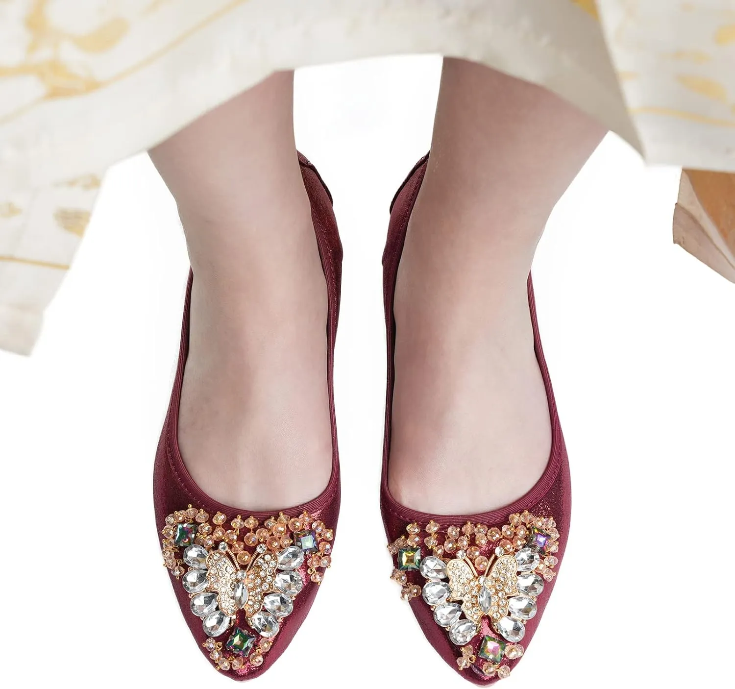 Women's Ballet Flat Shoes - Cute Rhinestones Bow Wedding Flats Slip on Flats for Women Comfort