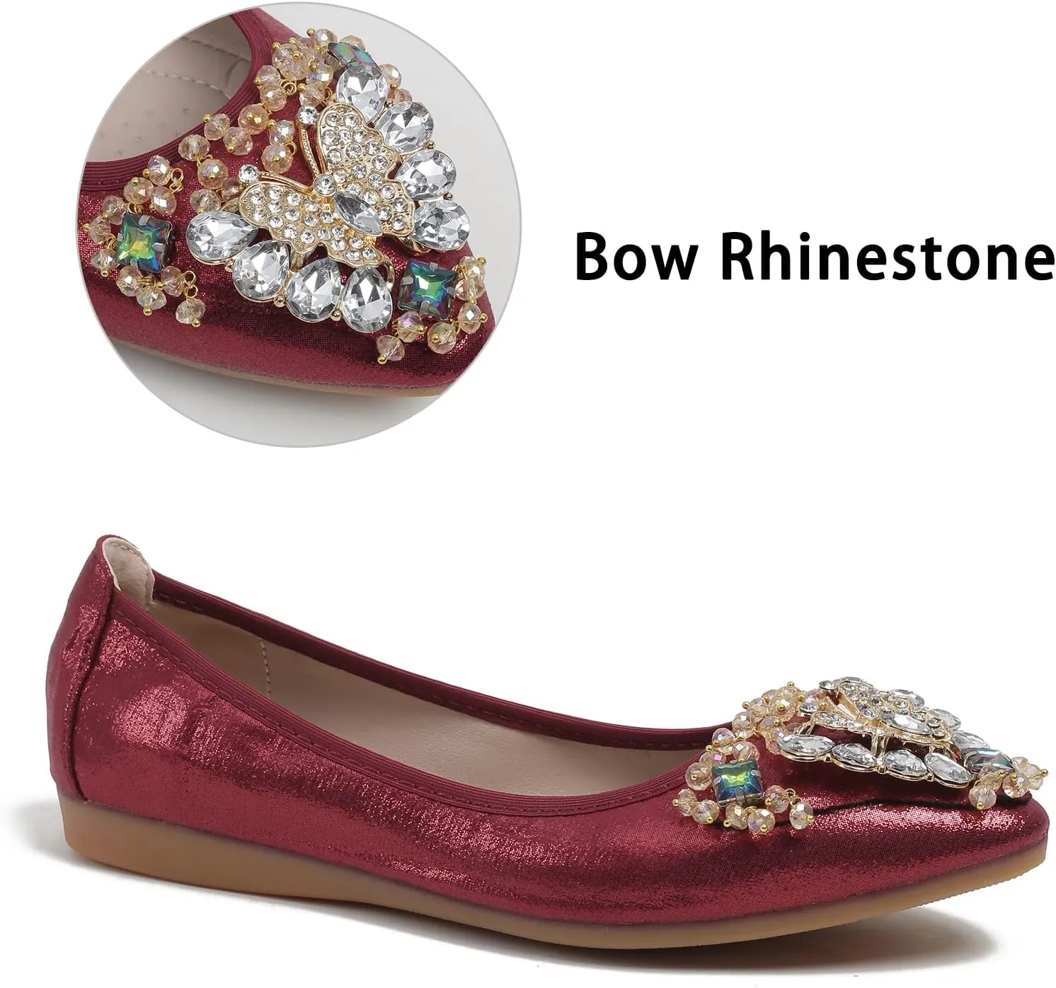 Women's Ballet Flat Shoes - Cute Rhinestones Bow Wedding Flats Slip on Flats for Women Comfort