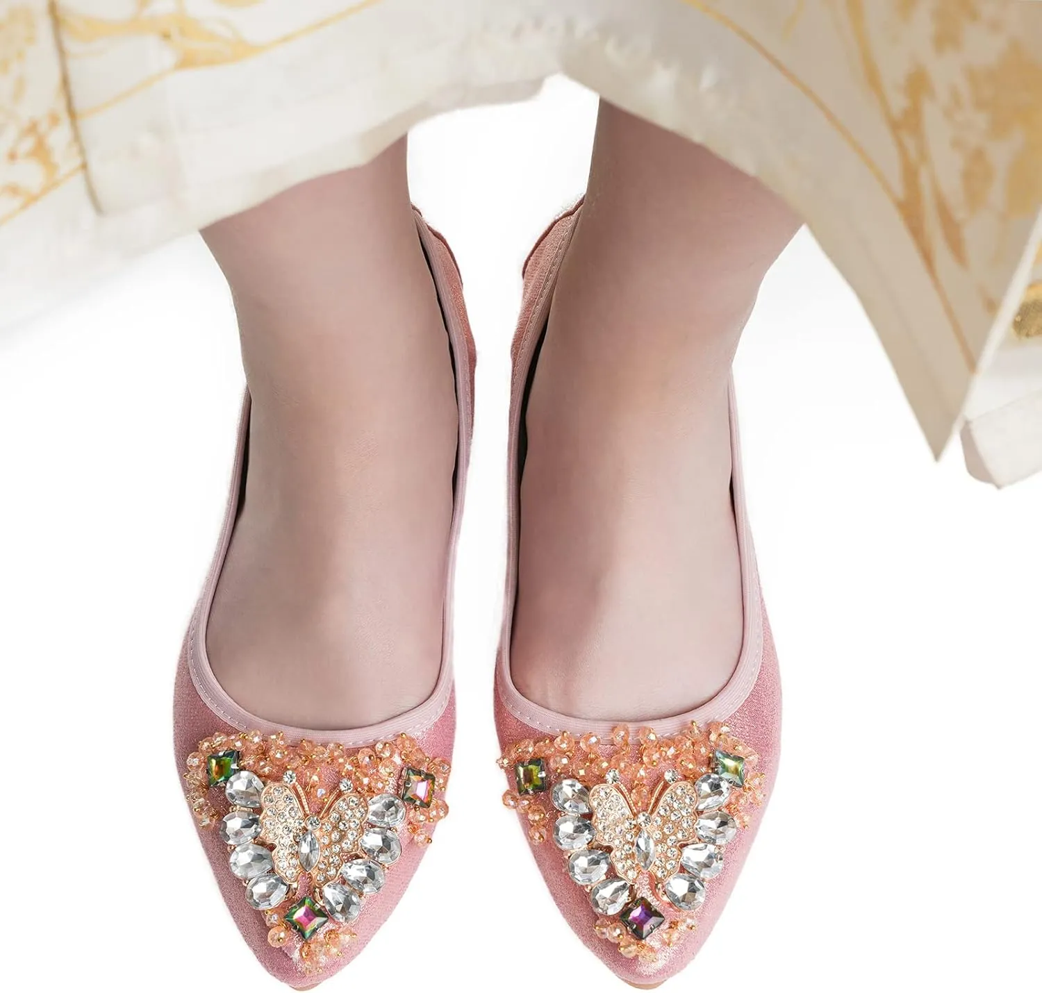 Women's Ballet Flat Shoes - Cute Rhinestones Bow Wedding Flats Slip on Flats for Women Comfort