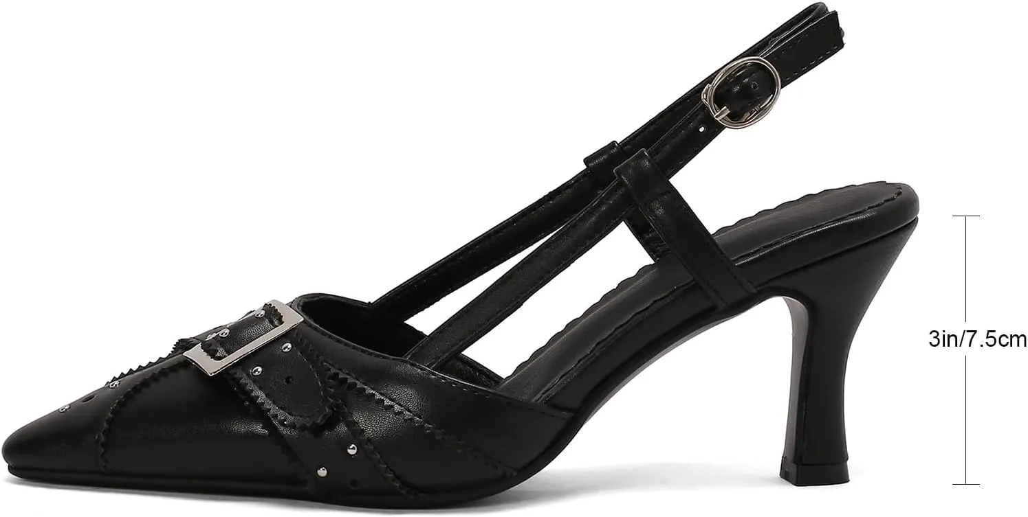 Women's Black Heels, Elegant Bow Pointed-Toe Heels, Sexy Vintage Studded Kitten Heels, Dress Party Wedding Work Backless Mule Pumps