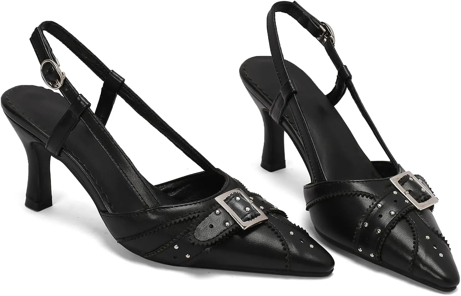Women's Black Heels, Elegant Bow Pointed-Toe Heels, Sexy Vintage Studded Kitten Heels, Dress Party Wedding Work Backless Mule Pumps
