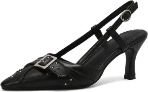 Women's Black Heels, Elegant Bow Pointed-Toe Heels, Sexy Vintage Studded Kitten Heels, Dress Party Wedding Work Backless Mule Pumps