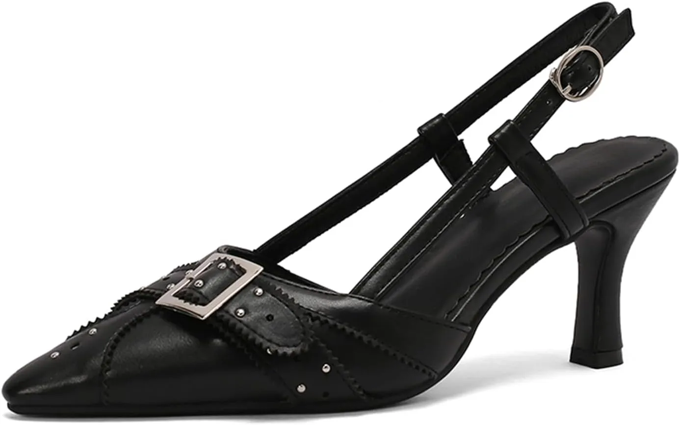 Women's Black Heels, Elegant Bow Pointed-Toe Heels, Sexy Vintage Studded Kitten Heels, Dress Party Wedding Work Backless Mule Pumps