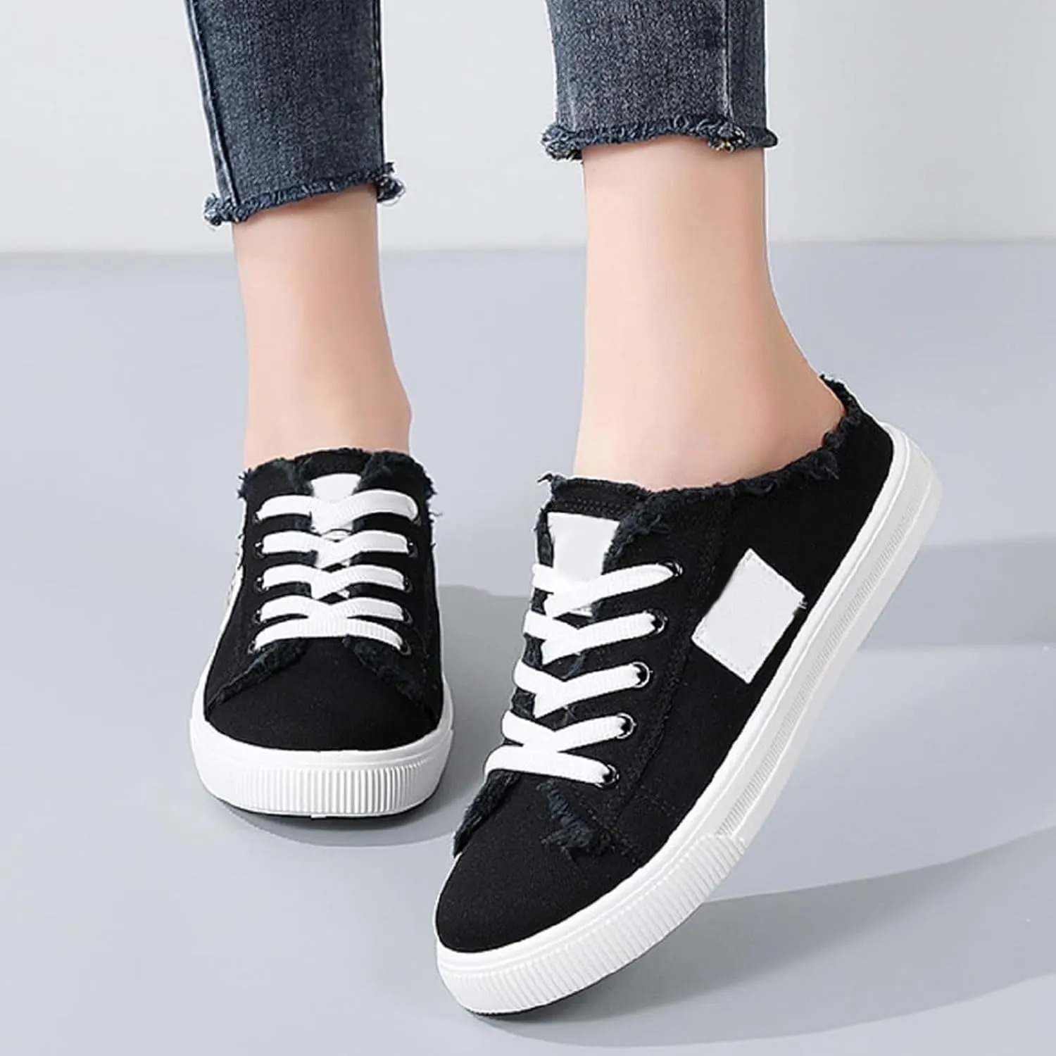 Womens Canvas Shoes Slip on Breathable Mule Sneakers Round Toe Lace Up Walking Shoes Casual Trendy Classic Vintage Comfortable Lightweight Flat Shoe Outdoor Tennis Loafers Canvas Slippers