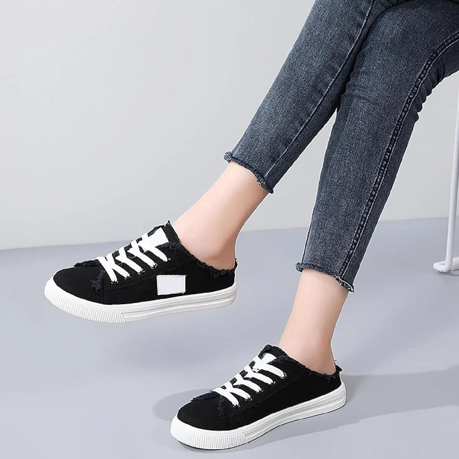 Womens Canvas Shoes Slip on Breathable Mule Sneakers Round Toe Lace Up Walking Shoes Casual Trendy Classic Vintage Comfortable Lightweight Flat Shoe Outdoor Tennis Loafers Canvas Slippers