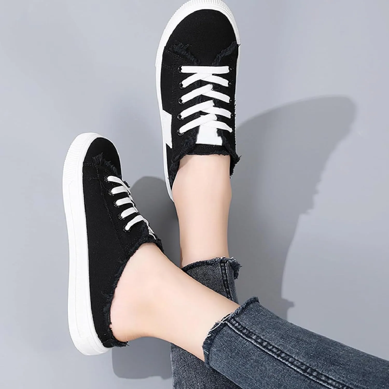 Womens Canvas Shoes Slip on Breathable Mule Sneakers Round Toe Lace Up Walking Shoes Casual Trendy Classic Vintage Comfortable Lightweight Flat Shoe Outdoor Tennis Loafers Canvas Slippers