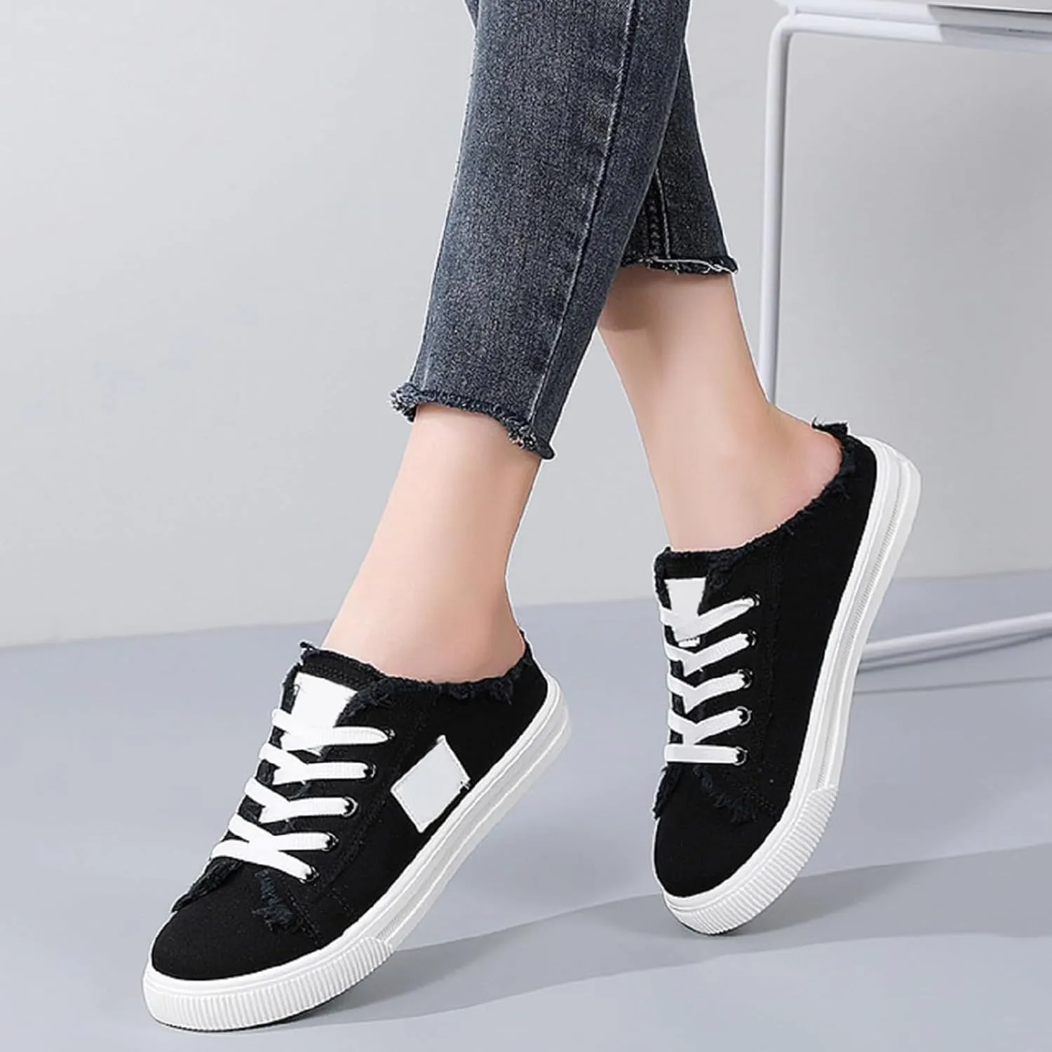 Womens Canvas Shoes Slip on Breathable Mule Sneakers Round Toe Lace Up Walking Shoes Casual Trendy Classic Vintage Comfortable Lightweight Flat Shoe Outdoor Tennis Loafers Canvas Slippers