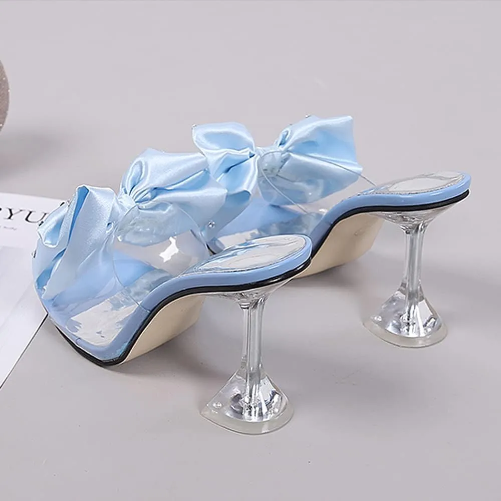 Women's Clear High Heel Mule Sandal Square Open toe Slide on Wedding Party Dress Shoes with Bow