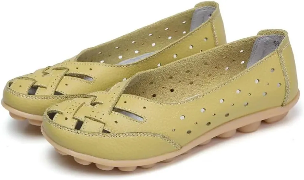 Women's Cowhide Leather Shoes Loafers Flats Sandals Slip-On Cutout