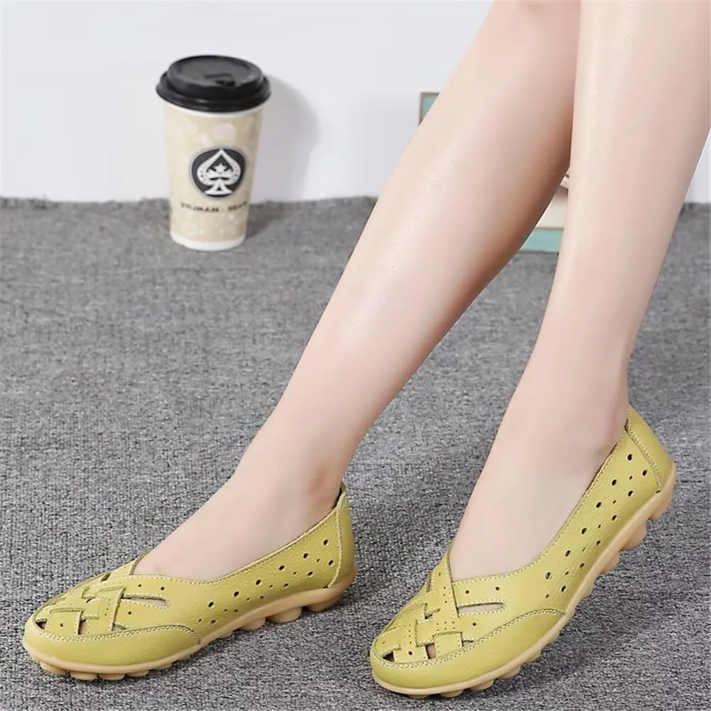Women's Cowhide Leather Shoes Loafers Flats Sandals Slip-On Cutout