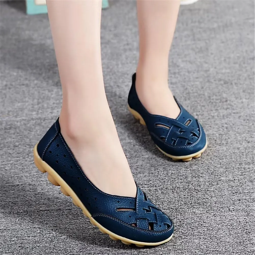 Women's Cowhide Leather Shoes Loafers Flats Sandals Slip-On Cutout