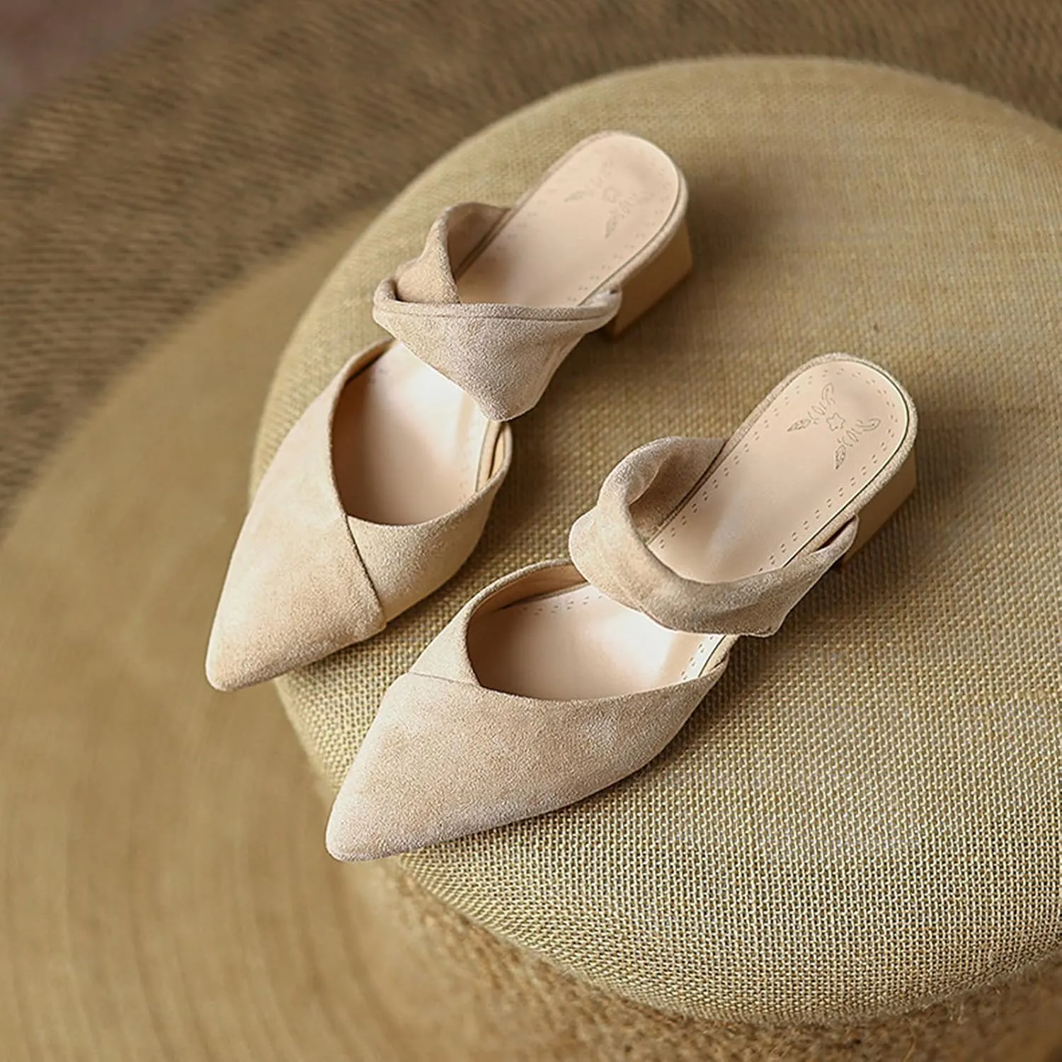 Women'S Elegant Suede Chunky Block Heel Mule Sandals closed Pointed Toe Slip On Comfy Soft backless Pumps Shoes For Sexy Cute Party Wedding Shoes