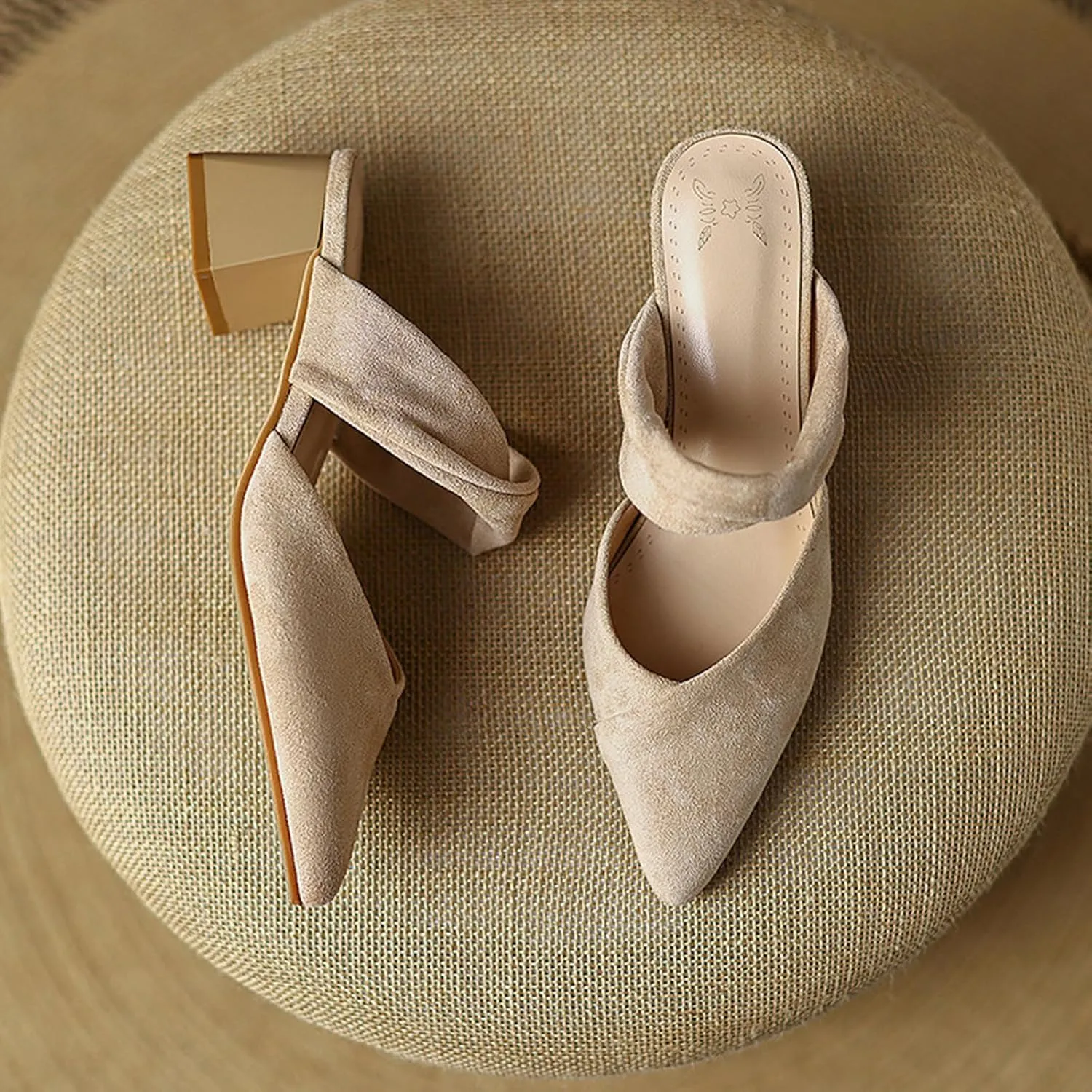 Women'S Elegant Suede Chunky Block Heel Mule Sandals closed Pointed Toe Slip On Comfy Soft backless Pumps Shoes For Sexy Cute Party Wedding Shoes