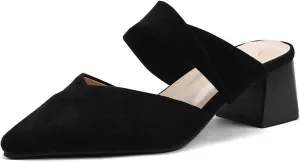 Women'S Elegant Suede Chunky Block Heel Mule Sandals closed Pointed Toe Slip On Comfy Soft backless Pumps Shoes For Sexy Cute Party Wedding Shoes