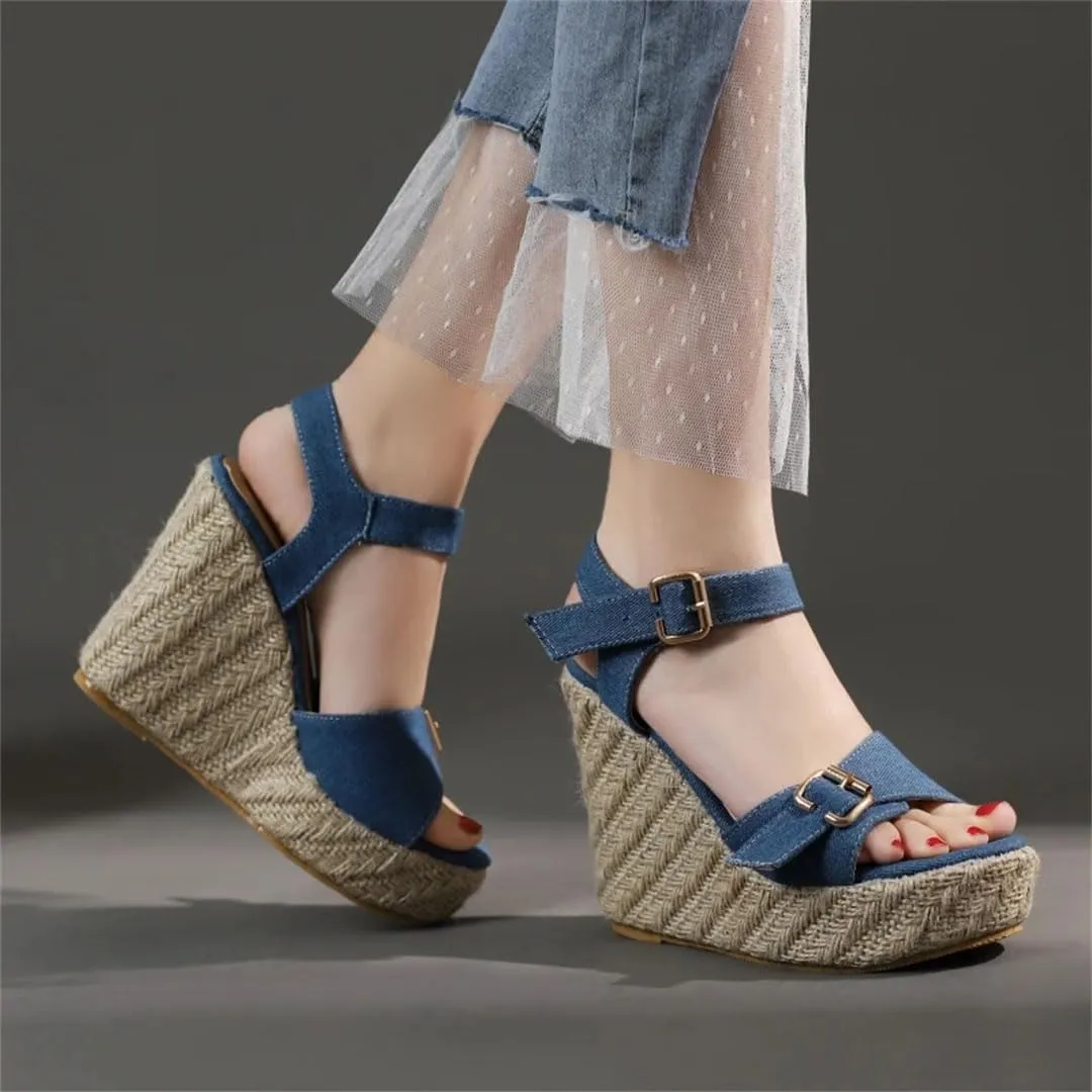 Women's Fashion Knitted Wedge Sandals With Buckle Strap Platform High Heel Gladiator Wedge Shoes