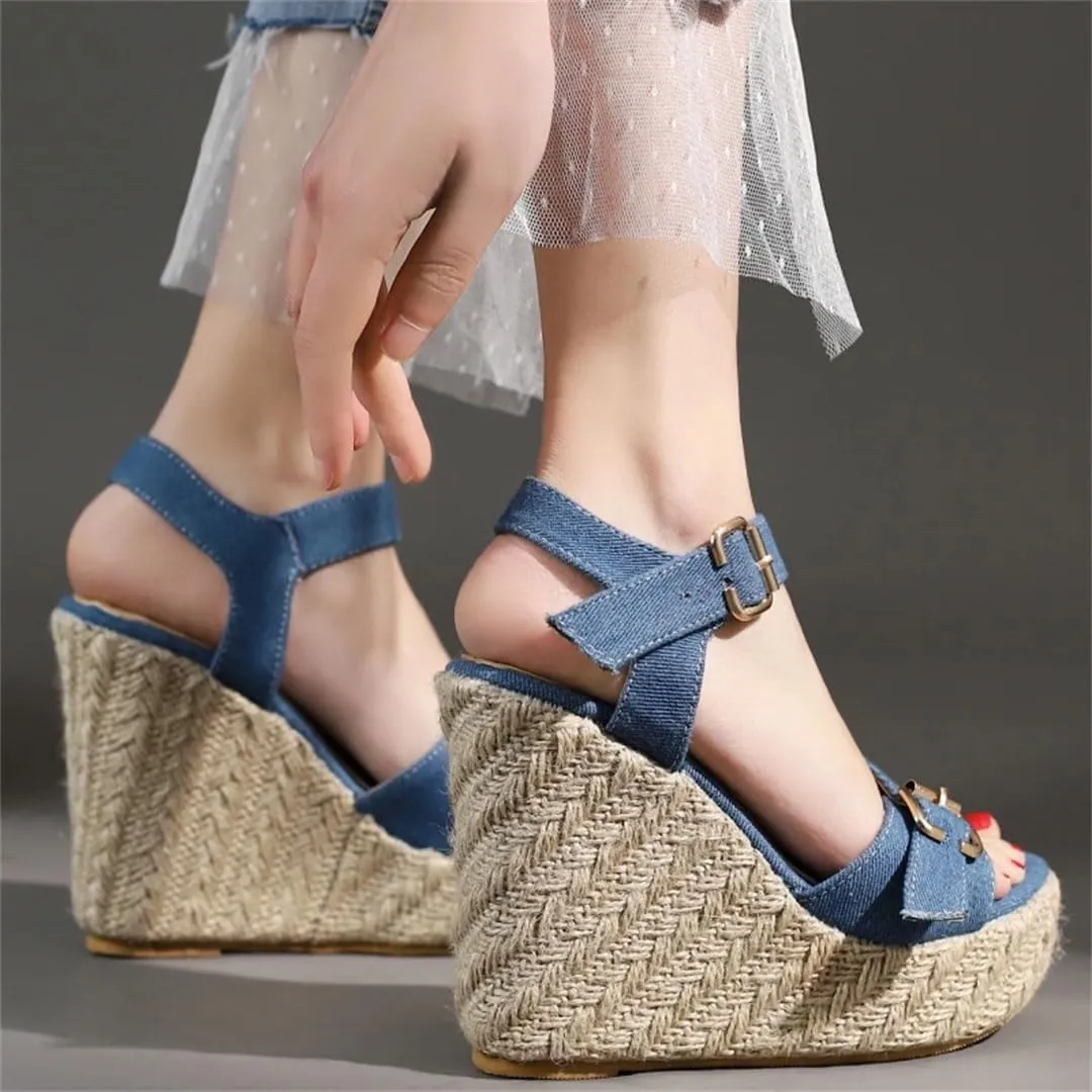 Women's Fashion Knitted Wedge Sandals With Buckle Strap Platform High Heel Gladiator Wedge Shoes