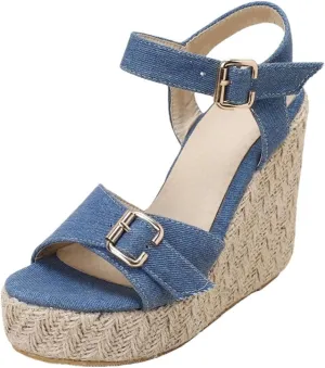 Women's Fashion Knitted Wedge Sandals With Buckle Strap Platform High Heel Gladiator Wedge Shoes
