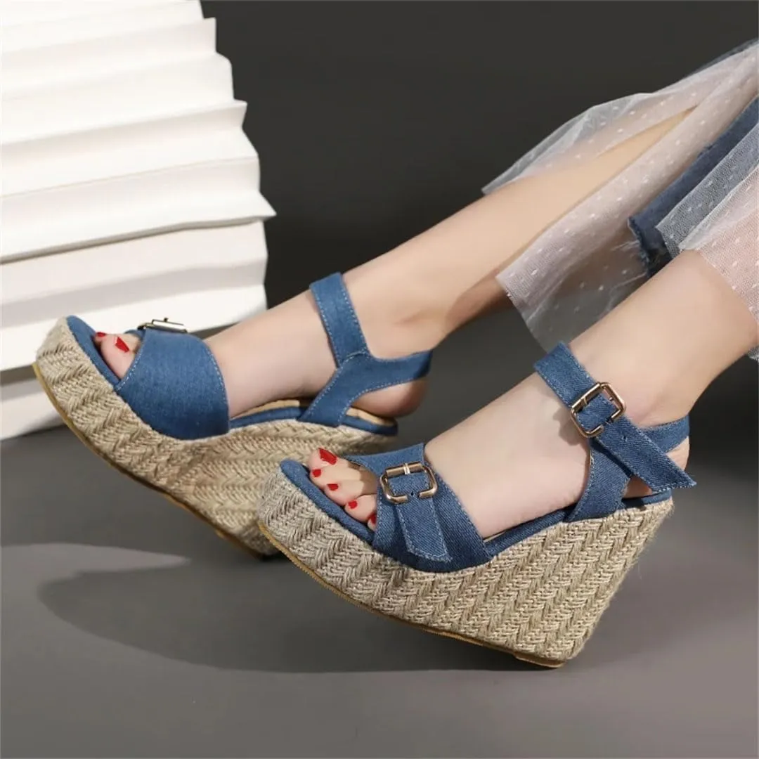Women's Fashion Knitted Wedge Sandals With Buckle Strap Platform High Heel Gladiator Wedge Shoes