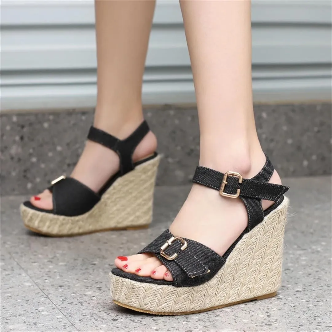 Women's Fashion Knitted Wedge Sandals With Buckle Strap Platform High Heel Gladiator Wedge Shoes