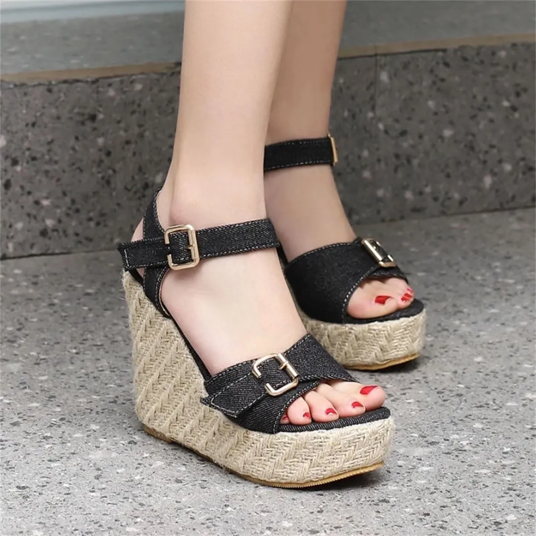 Women's Fashion Knitted Wedge Sandals With Buckle Strap Platform High Heel Gladiator Wedge Shoes