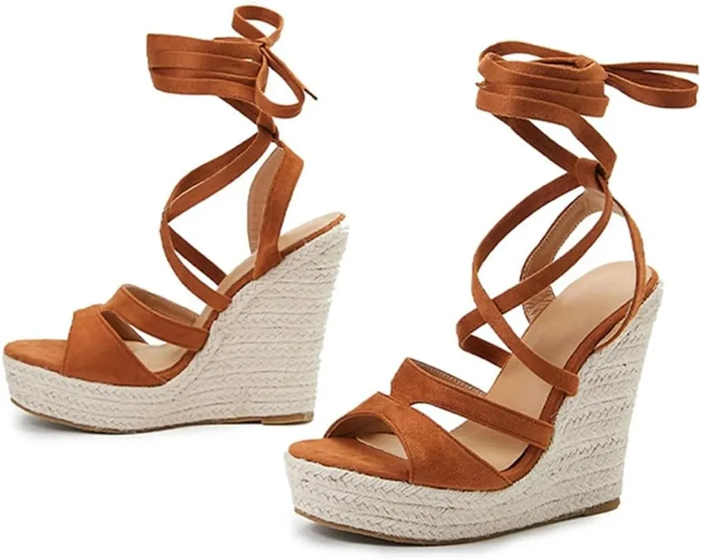 Women's Fashion Lace-Up Peep Toe Wedge Sandals With 8Cm High Heel And 3-5Cm Platform Gladiator Shoes