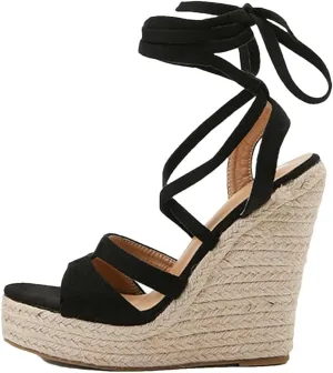 Women's Fashion Lace-Up Peep Toe Wedge Sandals With 8Cm High Heel And 3-5Cm Platform Gladiator Shoes
