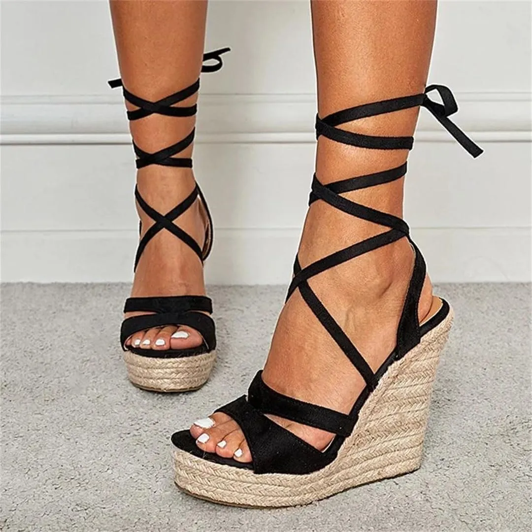 Women's Fashion Lace-Up Peep Toe Wedge Sandals With 8Cm High Heel And 3-5Cm Platform Gladiator Shoes