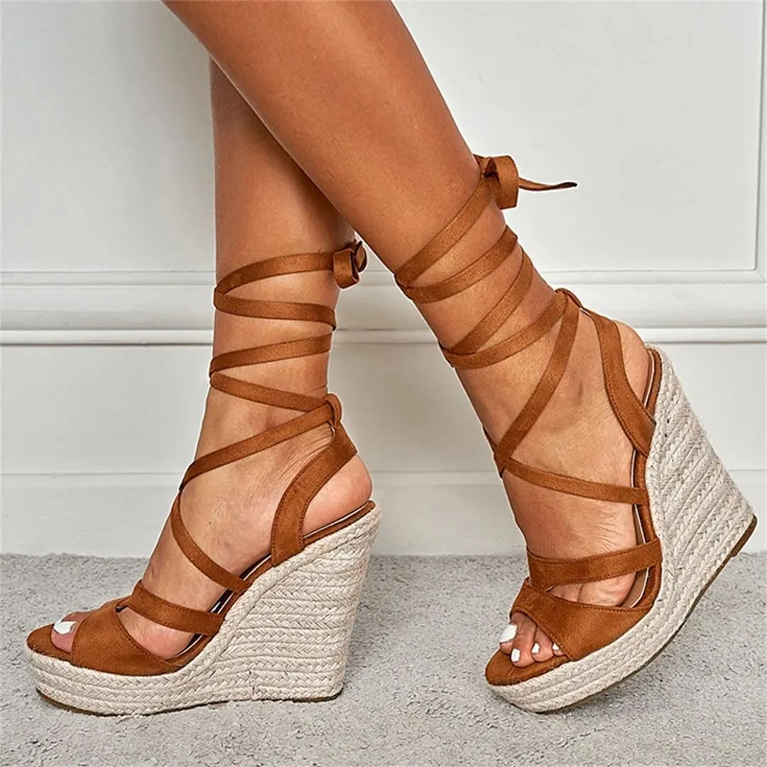 Women's Fashion Lace-Up Peep Toe Wedge Sandals With 8Cm High Heel And 3-5Cm Platform Gladiator Shoes