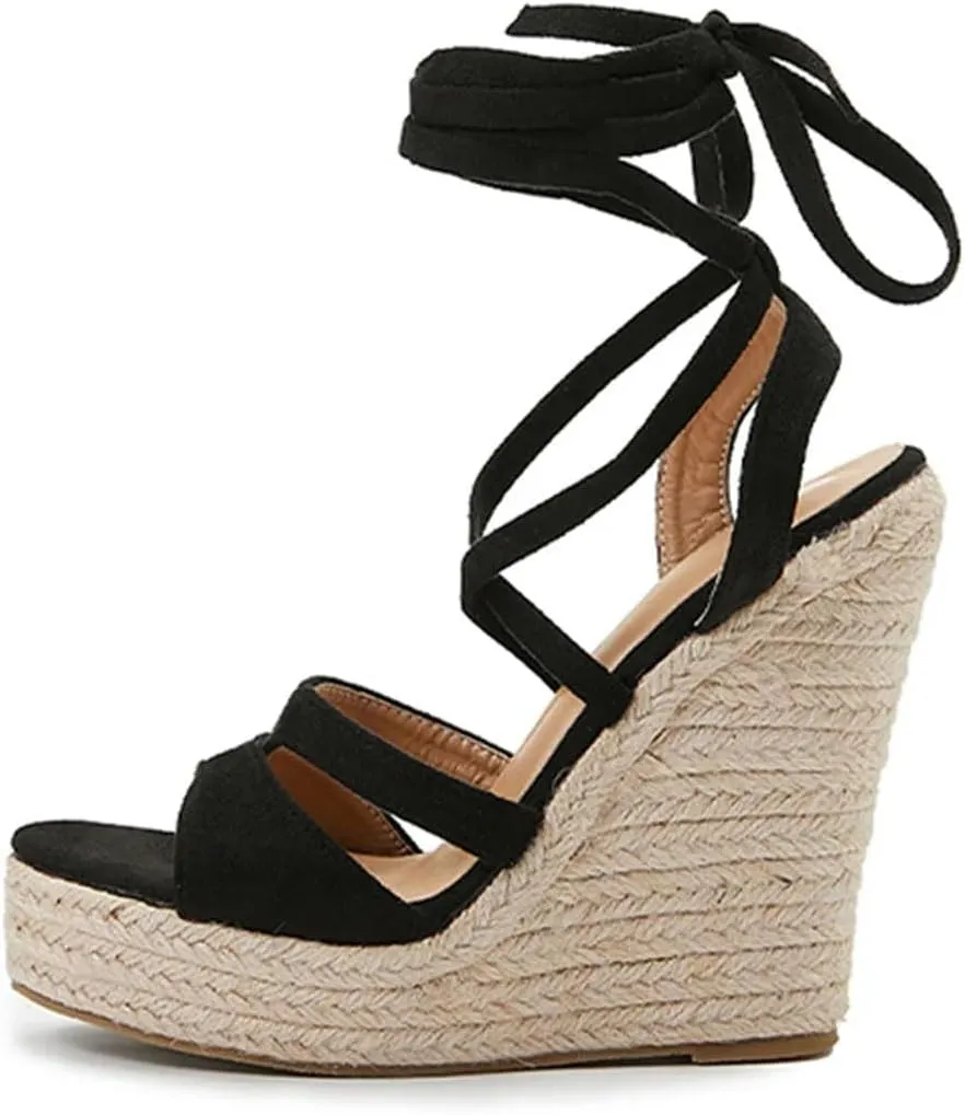 Women's Fashion Lace-Up Peep Toe Wedge Sandals With 8Cm High Heel And 3-5Cm Platform Gladiator Shoes