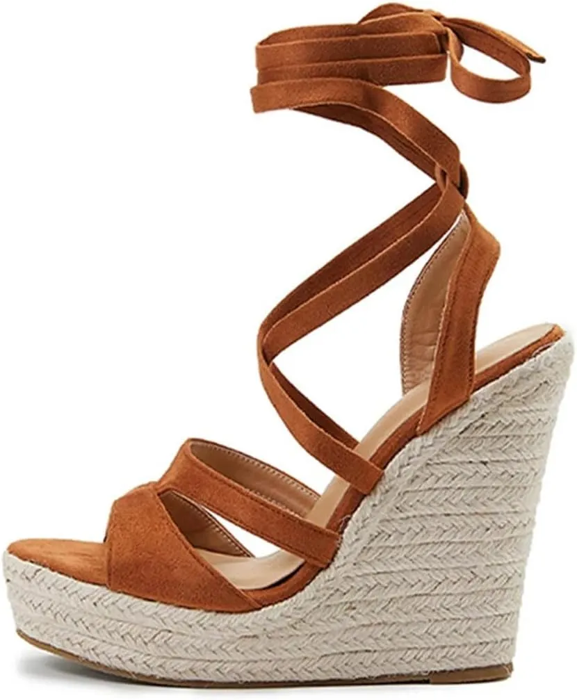 Women's Fashion Lace-Up Peep Toe Wedge Sandals With 8Cm High Heel And 3-5Cm Platform Gladiator Shoes