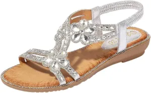 Women's Flat Sandals Bohemian Crystal Flats Low Wedge Rhinestone Open Toe Ankle Elastic Flip Flops for Wedding