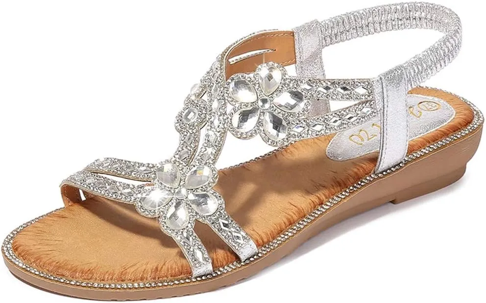 Women's Flat Sandals Bohemian Crystal Flats Low Wedge Rhinestone Open Toe Ankle Elastic Flip Flops for Wedding