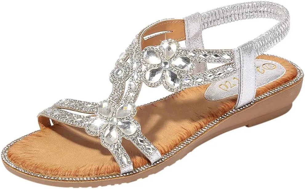 Women's Flat Sandals Bohemian Crystal Flats Low Wedge Rhinestone Open Toe Ankle Elastic Flip Flops for Wedding
