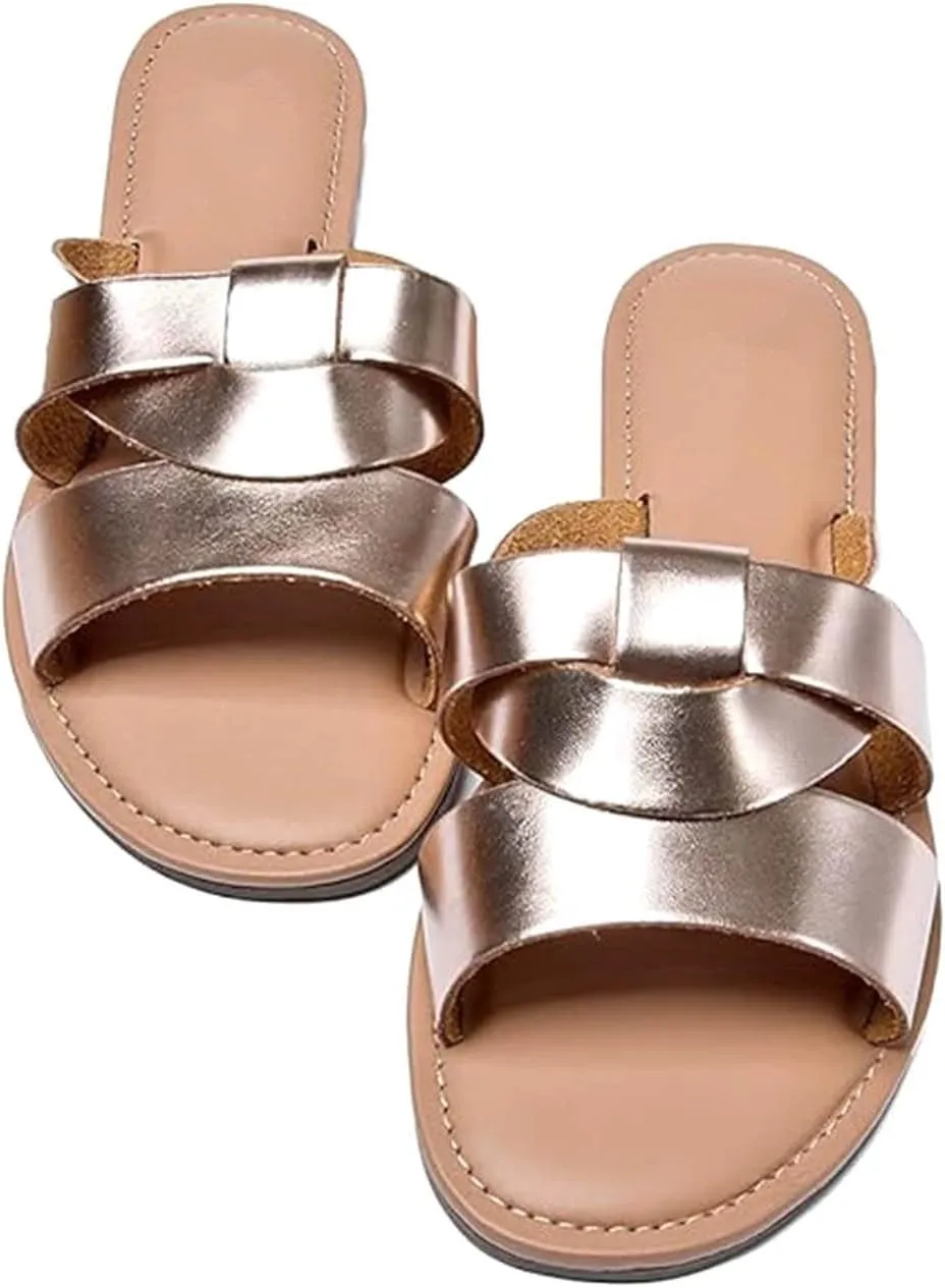 Women's Flat Slide Sandals Lightweight Summer Open Toe Slip On Casual Beach Slippers, Wide Width Slides 2025 New