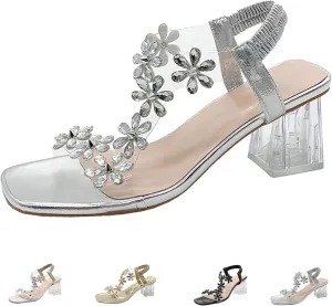 Women's Flower Rhinestone Block Heel Sandals, Womens Flower Rhinestone Block Heel Sandals, Crystal Chunky Square Toe High Heel