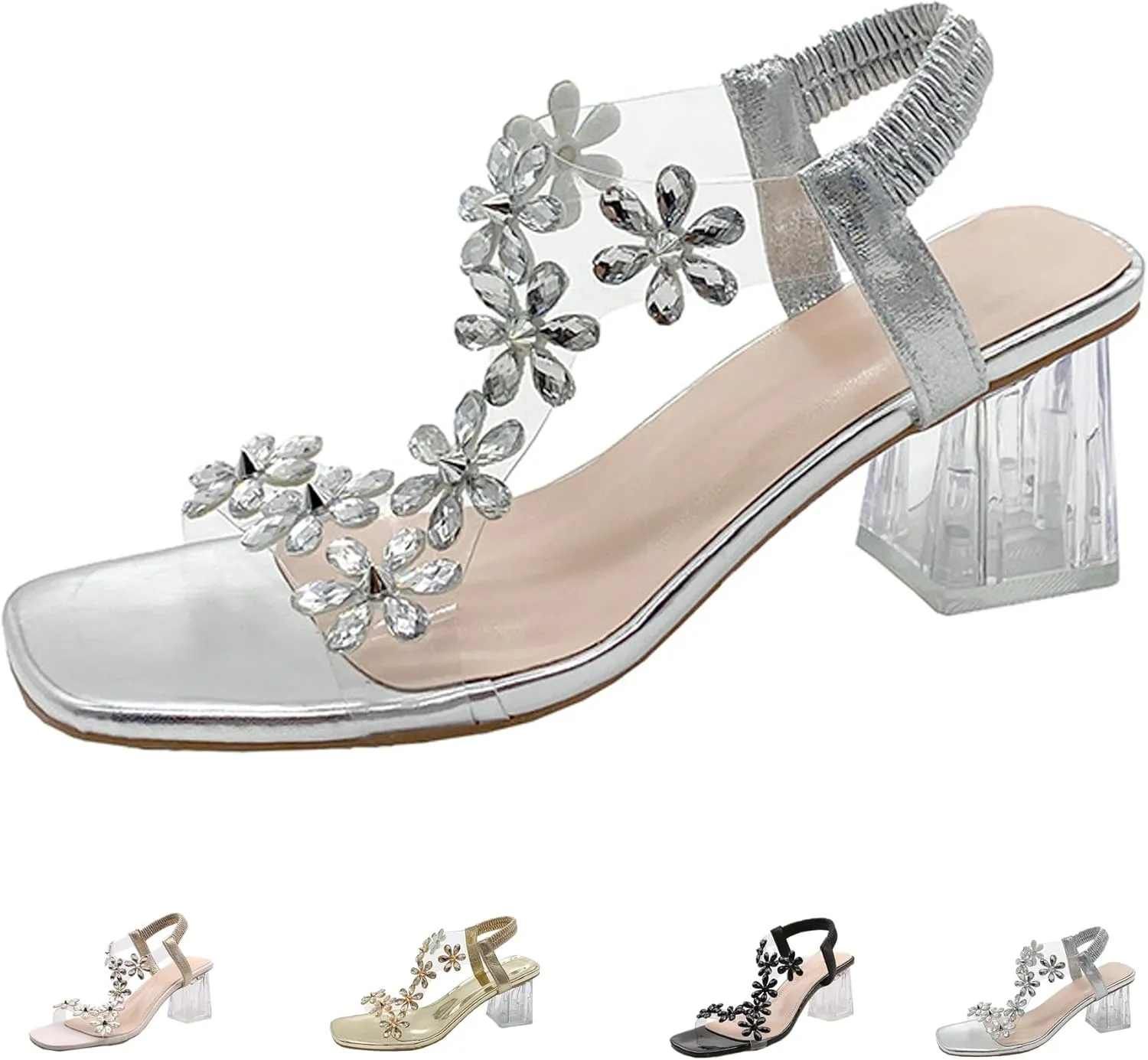 Women's Flower Rhinestone Block Heel Sandals, Womens Flower Rhinestone Block Heel Sandals, Crystal Chunky Square Toe High Heel