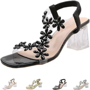 Women's Flower Rhinestone Block Heel Sandals, Womens Flower Rhinestone Block Heel Sandals, Crystal Chunky Square Toe High Heel