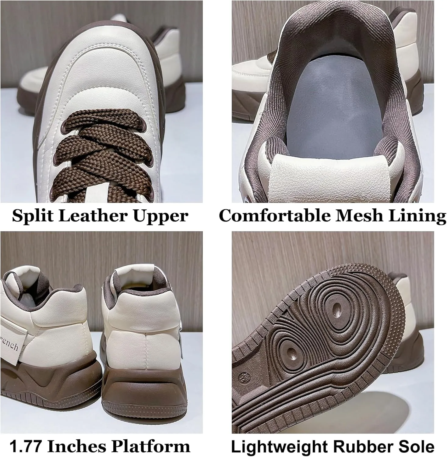 Women's Genuine Leather Platform Heighten Fashion Sneaker Retro Round-Toe Lace Up Lightweight Comfort Casual Walking Shoes