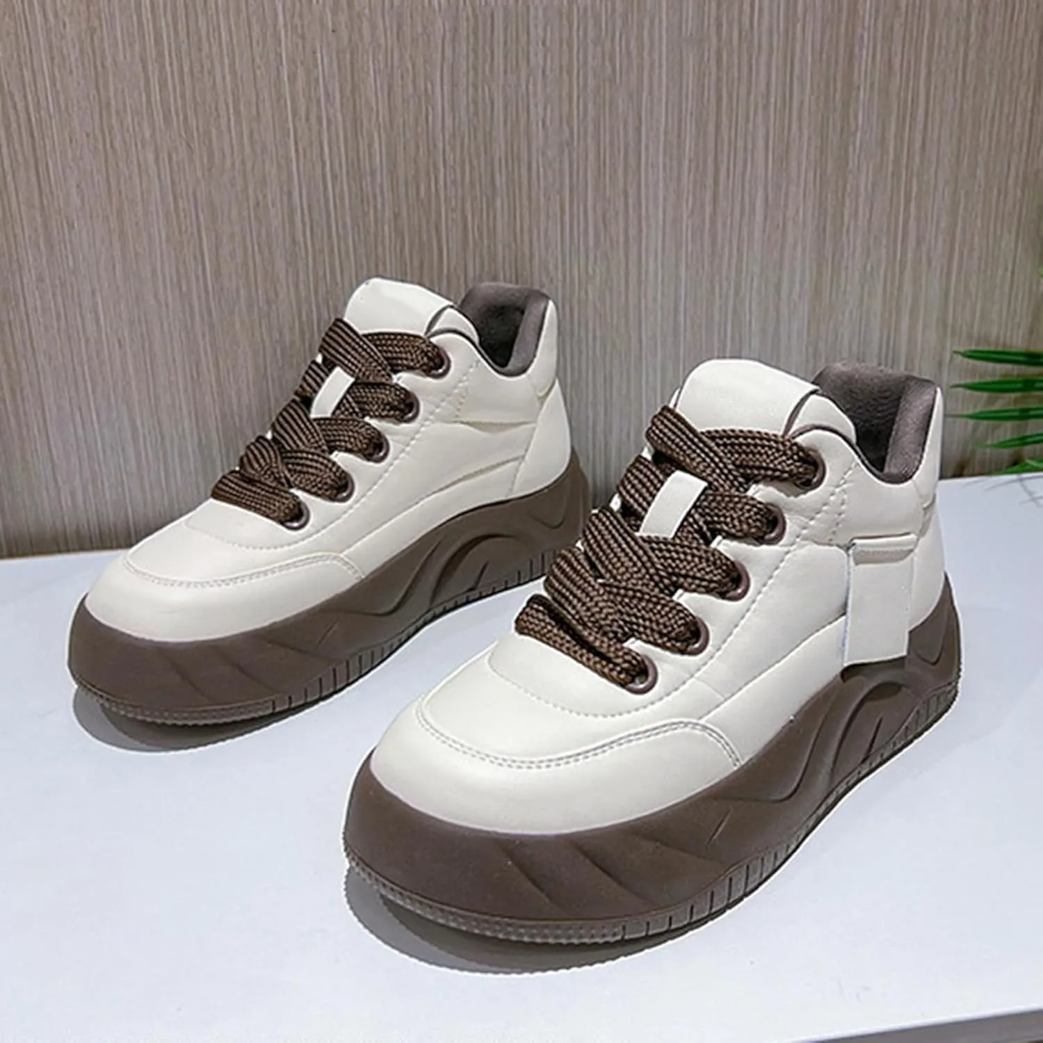 Women's Genuine Leather Platform Heighten Fashion Sneaker Retro Round-Toe Lace Up Lightweight Comfort Casual Walking Shoes
