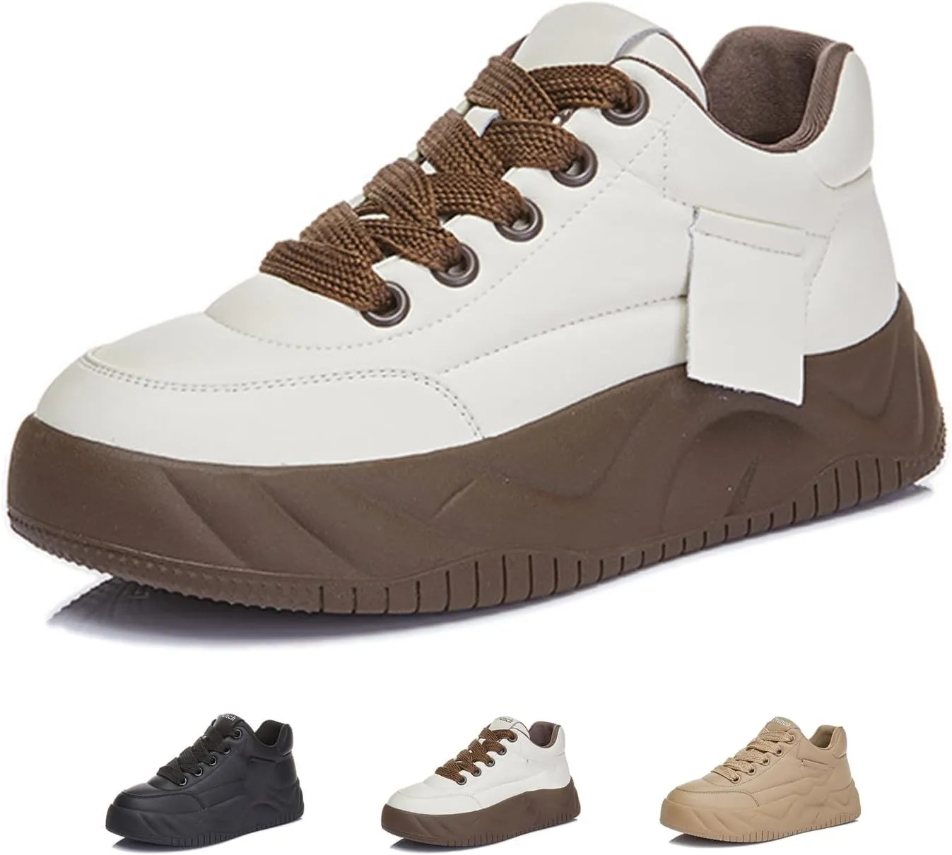 Women's Genuine Leather Platform Heighten Fashion Sneaker Retro Round-Toe Lace Up Lightweight Comfort Casual Walking Shoes