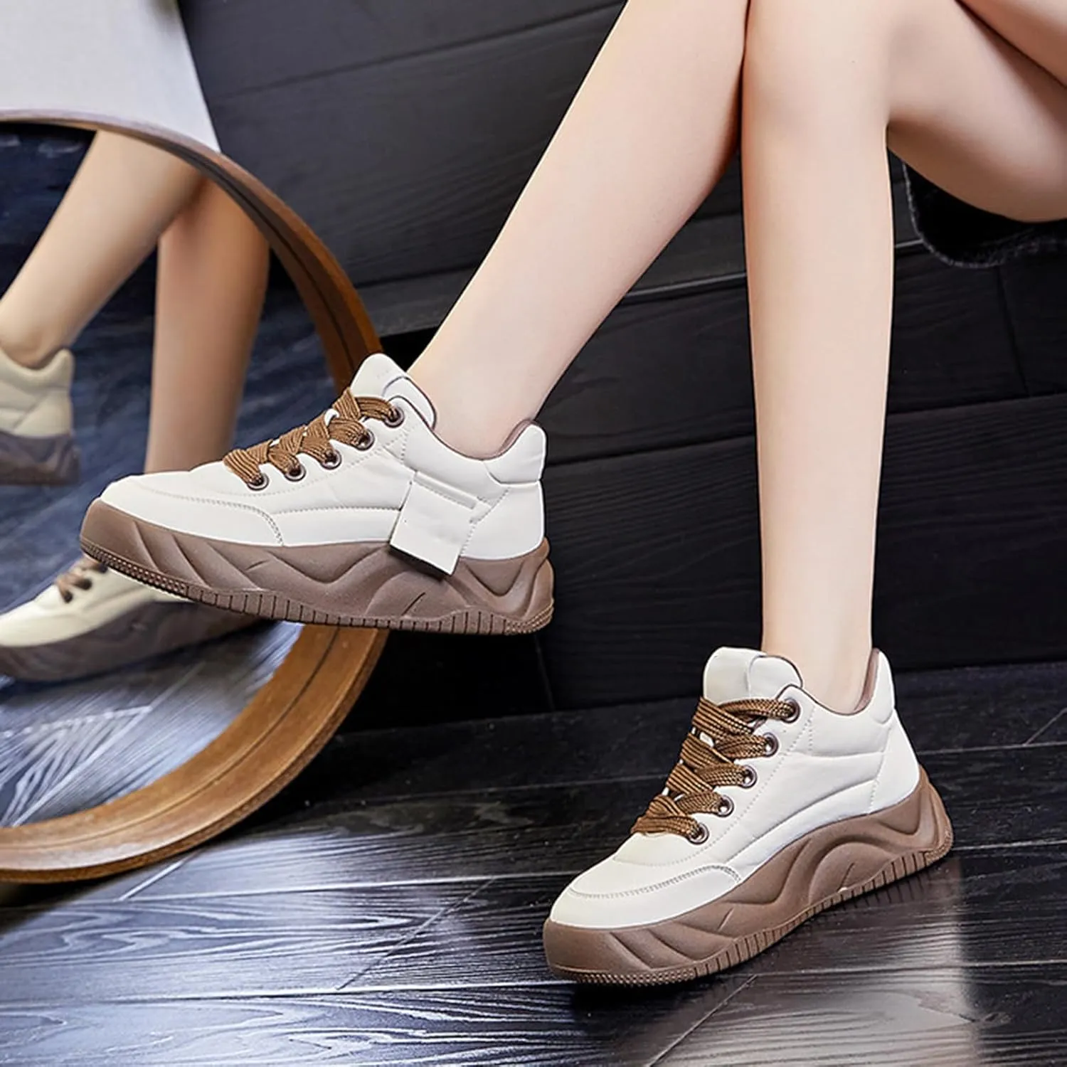 Women's Genuine Leather Platform Heighten Fashion Sneaker Retro Round-Toe Lace Up Lightweight Comfort Casual Walking Shoes